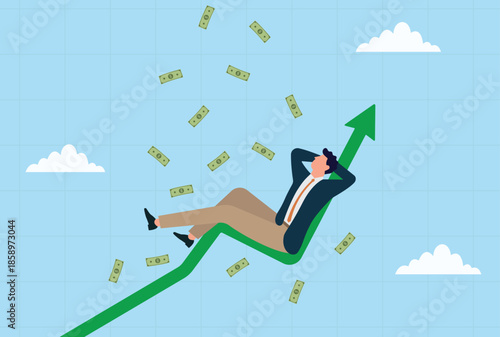 Vector illustration of a businessman relaxing on an upward arrow surrounded by money, symbolizing financial growth, success, wealth, and prosperity
