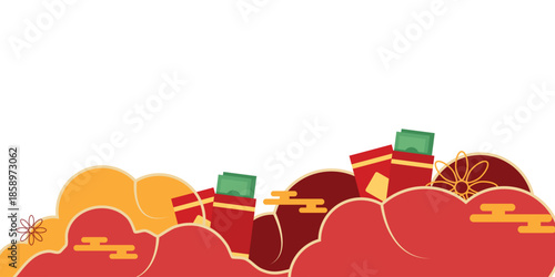 Festive Chinese New Year background featuring red envelopes with money tucked inside clouds, symbolizing wealth, prosperity, and traditional Lunar New Year gift-giving traditions.