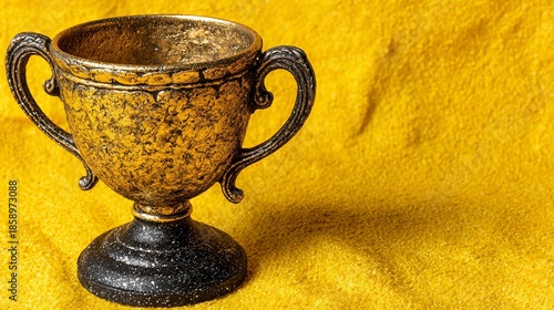 Ancient Trophy's Golden Glow: The golden gleam of a vintage trophy cup stands isolated against a yellow cloth, capturing the elegance and allure of an earned achievement. 
