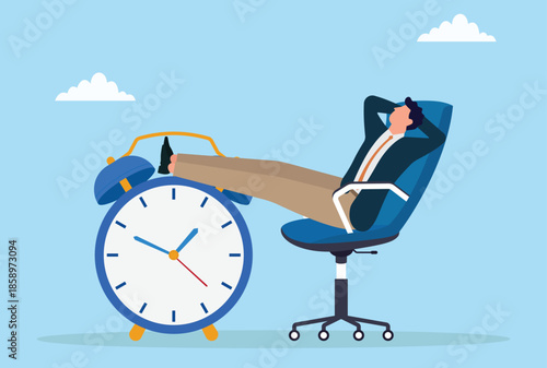 Vector illustration of a businessman relaxing in an office chair with his feet on an alarm clock, representing time management, leisure, and work-life balance