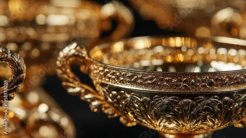 Golden Chalice of Elegance: A close-up view presents the captivating detail of a golden chalice, revealing the intricate carvings and refined craftsmanship.