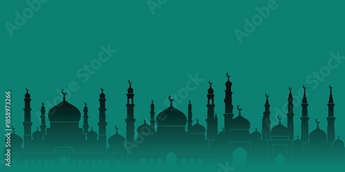 Silhouette of various mosque architecture styles, ideal for Islamic holidays like Ramadan Kareem, Eid al Fitr, or religious cultural background designs.