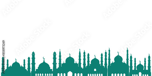 A detailed teal panorama of a mosque skyline with various domes and minarets, designed as a clean footer or header for Islamic themed websites.