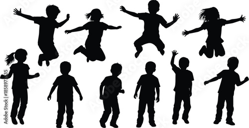 Silhouettes of children jumping and standing, black figures, playful posture, expressive gesture, white background, childhood movement and activity illustration
