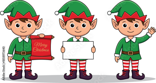 Cute Christmas elf characters set holding banner and blank sign, festive cartoon helpers illustration, holiday design, flat vector style