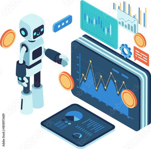 Isometric AI Robot Analyzing Financial Data and Cryptocurrency