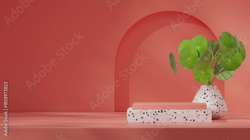 3d render footage blank space of terrazzo texture podium seamless loop shadow animation with orange coral wall and green plant