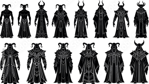 Dark fantasy villain silhouettes with horned headgear, robes, armor and mystical character evolution concept - flavector