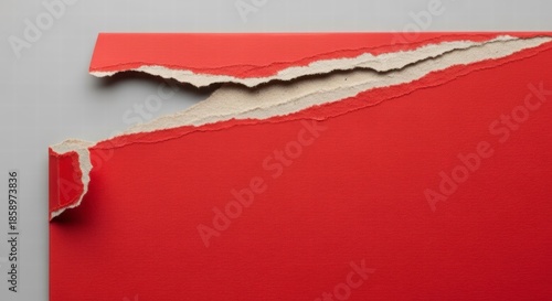 Torn Red Paper Unveiling Secret: A bold red paper, partially ripped, revealing a hidden layer beneath. The torn edge creates a dramatic visual effect, inviting intrigue and curiosity.