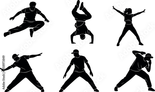 Dynamic hip hop dancer silhouette set showing breakdance, street dance poses, urban freestyle movement, modern choreography illustration on white background