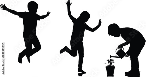Silhouettes of children jumping, dancing, and watering plant, black figures, expressive movement, white background, playful and caring activity illustration