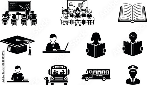 Education and school icon set featuring classroom learning students books graduation teacher bus transport vector silhouettes black white flat design