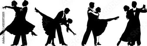 Elegant ballroom dance couple silhouettes vector illustration showcasing classic partner dancing romance movement isolated on white background minimalist style