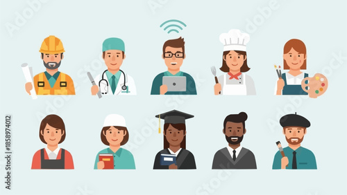 Diverse group of professionals in a flat illustration style.