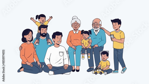 Diverse multi-generational family group portrait illustration.