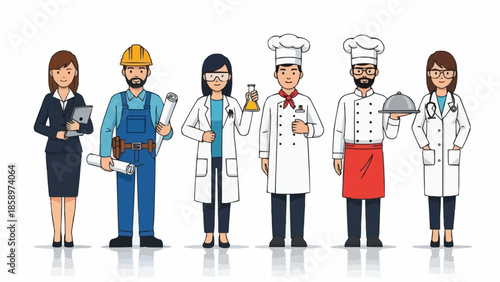 Diverse group of professionals in different uniforms and attire.