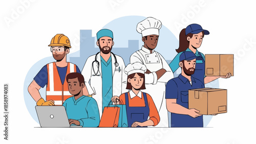 Diverse group of professionals in different uniforms representing various occupations.