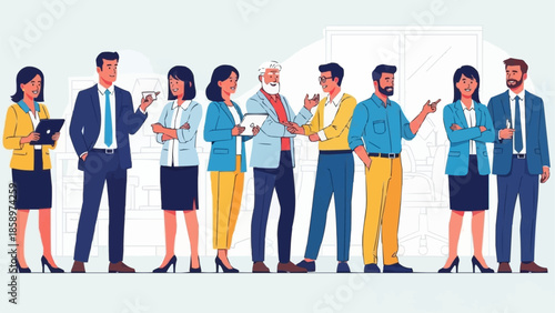 Diverse group of professionals standing together in a line.