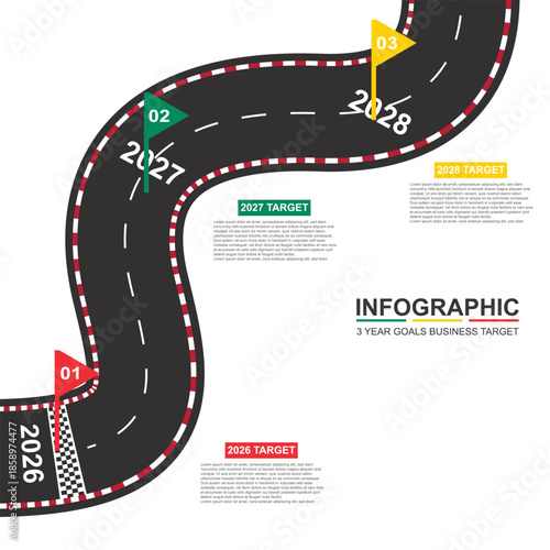 Professional winding road roadmap Infographic template displaying three-year business targets from 2026 to 2028 with colorful milestone flags and progress tracking for strategic planning.