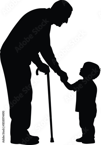 Silhouette of elderly person with cane and child, black figures, intergenerational connection gesture, white background, care and support illustration