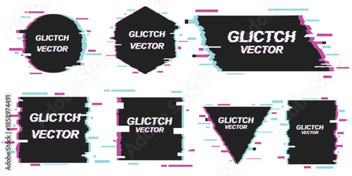 Modern geometric glitch vector shapes with digital distortion effects, featuring cyan and magenta color shifts for futuristic tech designs, cyber posters, and edgy branding.