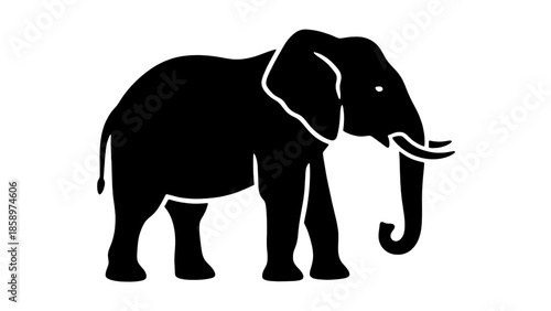 ​A minimalist black silhouette of an African elephant featuring prominent tusks and a curled trunk isolated on a transparent background. Vector illustration featuring a single elephant icon.