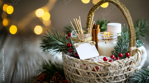 Basket with scented candles and decorative items for holiday decoration in a cozy setting with soft lights