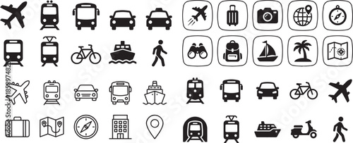 Set of Travel Transportation and Tourism Vector Icons Such as Airplane Train Bus Car Taxi Luggage Camera Globe Bicycle Ship Scooter and More on Transparent Background
