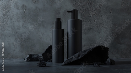 Dark bottles stand on a textured surface with rocks in a minimal setting during indoor lighting