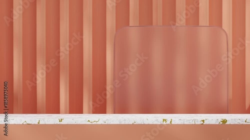 empty space white marble podium of with seamless shadow animation looping rectangle glass and textured wall, 3d video render