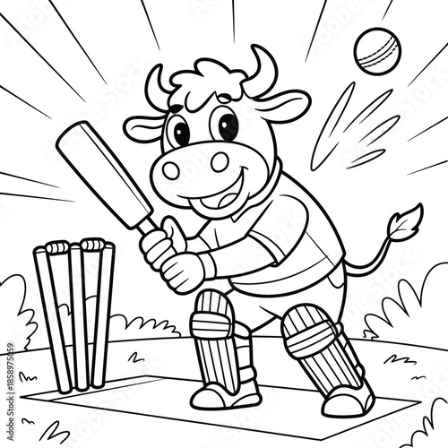 A cartoon cow enthusiastically plays cricket with a bat and ball