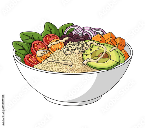 A vibrant and nutritious bowl of ingredients, perfect for a healthy meal. The bowl is filled with a colorful array of fresh and natural ingredients