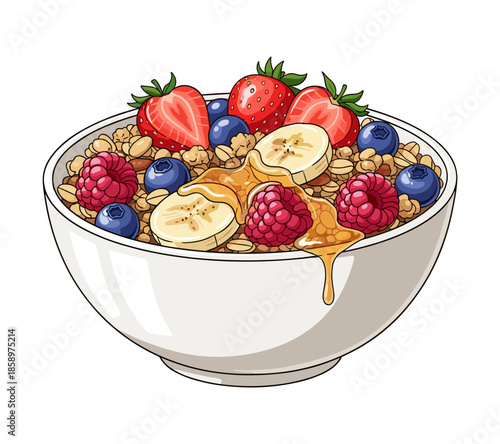 A bowl of appetizing granola topped with fresh fruits and drizzled with honey, is a visually appealing and healthy meal