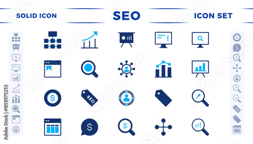 SEO solid icon set. Search Engine Optimization icon collection. Containing business and marketing, traffic, ranking, optimization, link, and keyword. 
