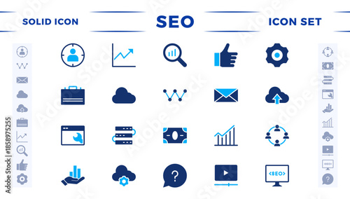 SEO solid icon set. Search Engine Optimization icon collection. Containing business and marketing, traffic, ranking, optimization, link, and keyword. 
