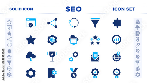 SEO solid icon set. Search Engine Optimization icon collection. Containing business and marketing, traffic, ranking, optimization, link, and keyword. 
