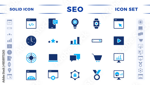 SEO solid icon set. Search Engine Optimization icon collection. Containing business and marketing, traffic, ranking, optimization, link, and keyword. 
