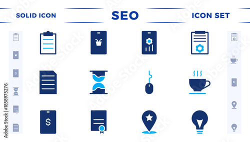 SEO solid icon set. Search Engine Optimization icon collection. Containing business and marketing, traffic, ranking, optimization, link, and keyword. 
