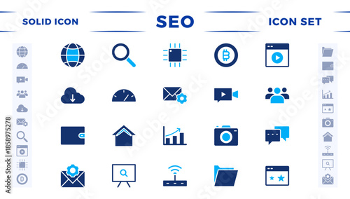 SEO solid icon set. Search Engine Optimization icon collection. Containing business and marketing, traffic, ranking, optimization, link, and keyword. 
