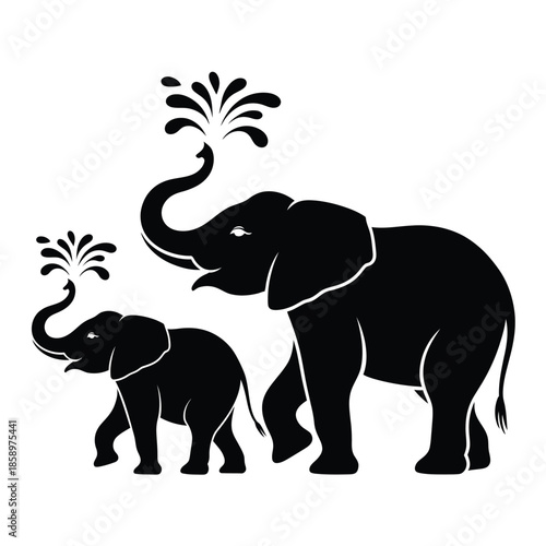 Elegant black silhouette illustration of an adult elephant and calf spraying water