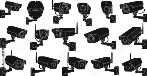 Surveillance cameras vector set, security system silhouettes, dome and bullet CCTV designs, wireless monitoring equipment, black silhouette illustration, safety technology icons collection