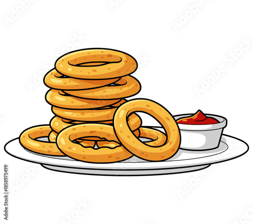 A delightful serving of golden, crispy onion rings, beautifully arranged on a plate with a side of savory dip.