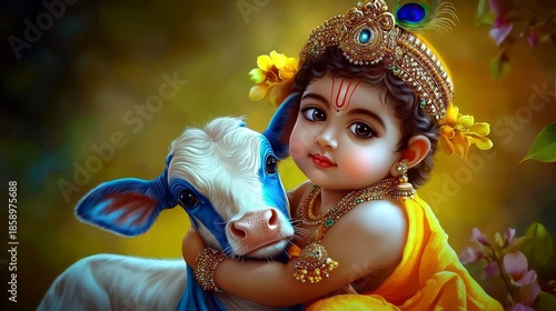 Joyous Janmashtami: Baby Krishna and His Calf in Harmony