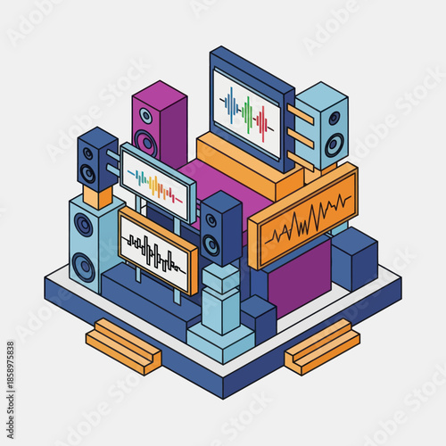 Isometric Audio Equipment and Sound Waveforms.