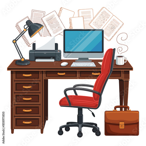 A cluttered workspace featuring a computer desk and office supplies