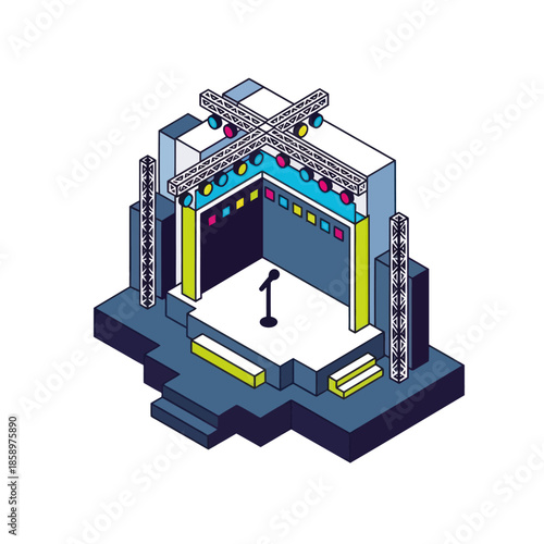 Isometric Stage with Microphone and Speakers.