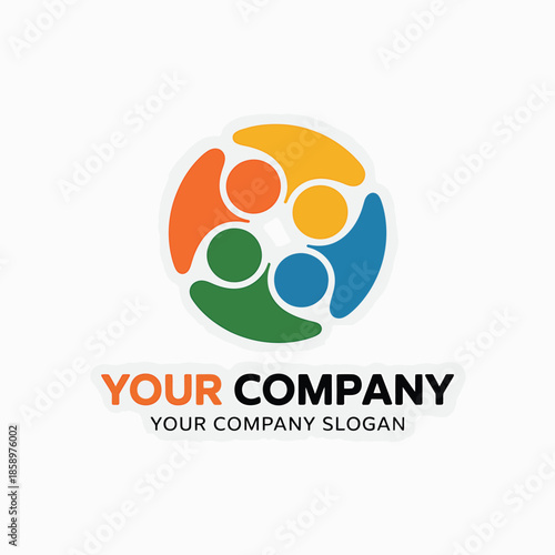 Colorful abstract logo featuring connected people shapes and company branding