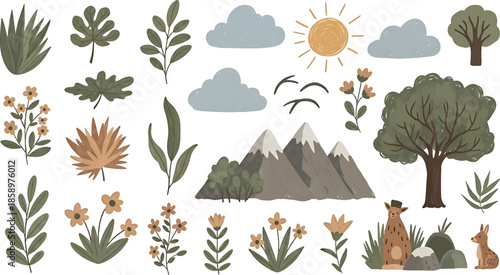 Vector illustration of various plants, flowers, trees, animals, and weather elements against a white background.
