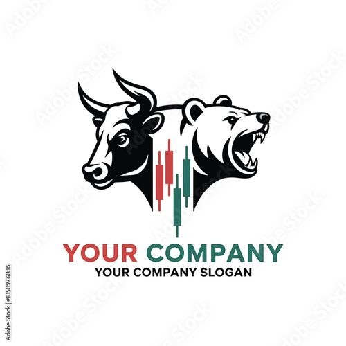 Bull and bear faces with candlestick chart representing financial market trends