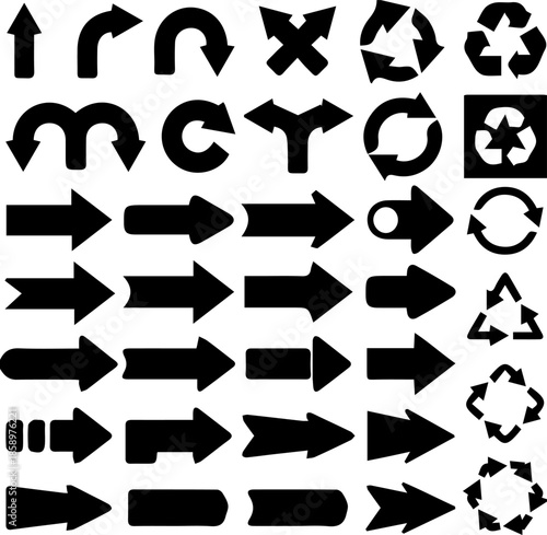 Arrow Collection: A dynamic collection of black arrows in various shapes and directions, symbolizing guidance and direction.